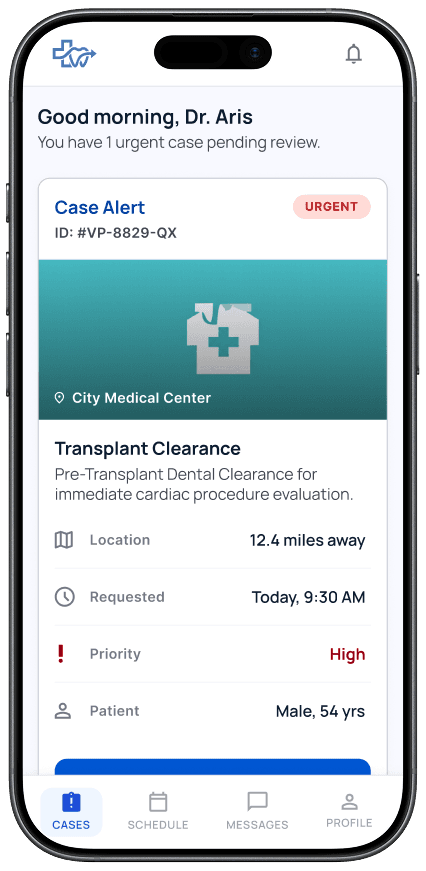 VitalPass dentist app showing a new case alert